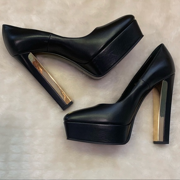 Saint Laurent YSL Black Leather+gold platform pump - Picture 2 of 8